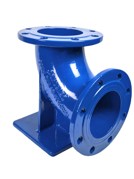The image shows a double flange 90° duckfoot bend. It has a short elbow section in the middle with sturdy flanges on each end at 90 degrees. The flanges have bolt holes for connection. The unique double flange and duck foot design provides strength and flexibility for installing at any orientation. Suitable for tight HVAC and ductwork layouts needing an efficient 90 degree bend.