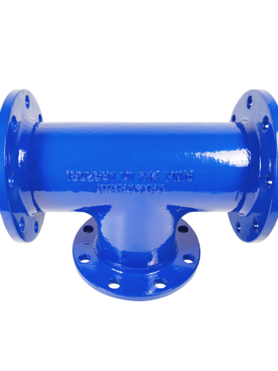 A visual representation of All Flanged Tee Fittings, which are plumbing components used to connect three pipes in a T shape. The fittings have flanged ends, which allow for secure attachment to pipes. The image showcases the Tee fitting, featuring three openings, with flanges on each end. The flanges are circular in shape and have bolt holes for fastening. The fittings are made of durable metal material for long-lasting performance in plumbing systems.