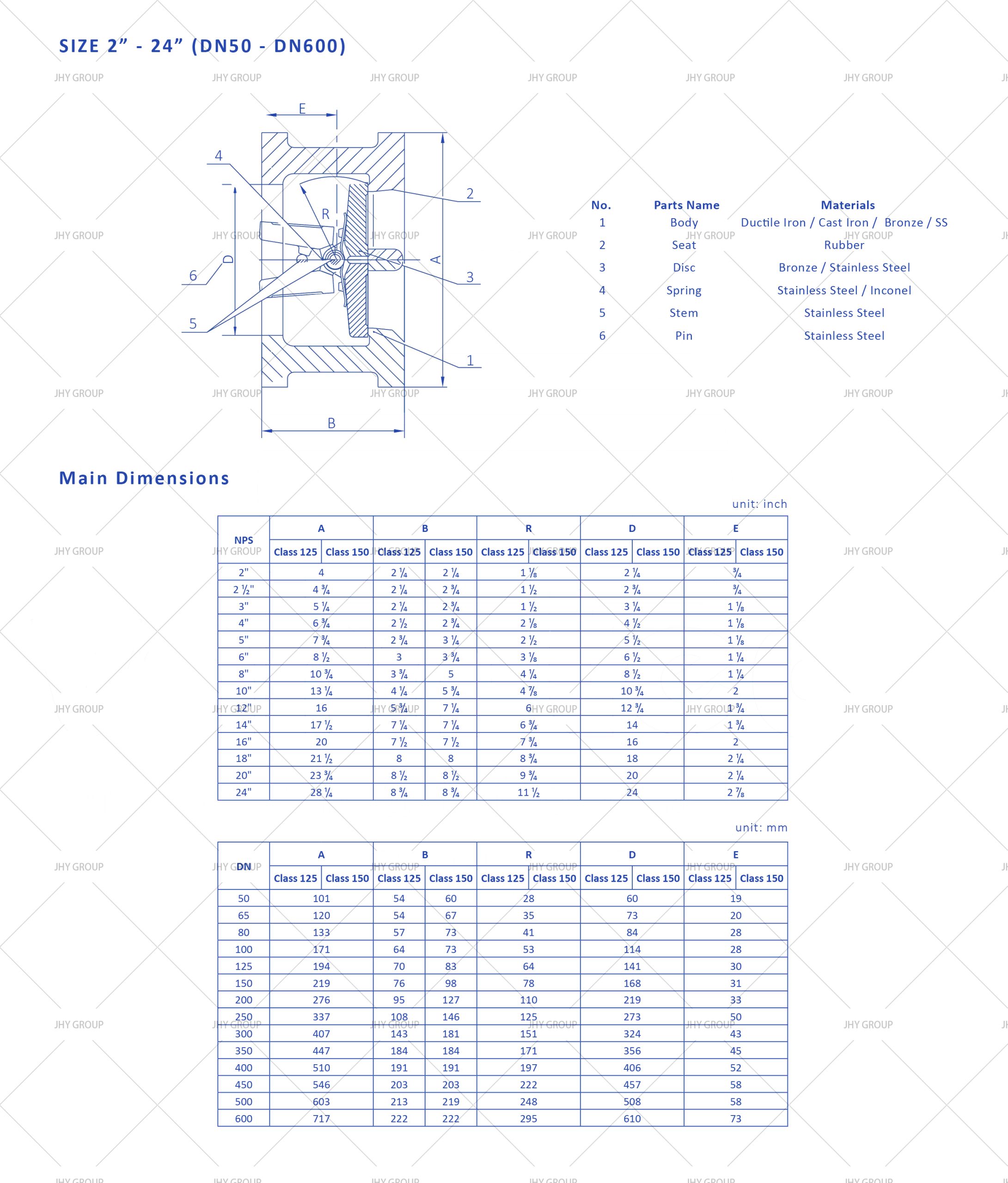 Image of a check valve specification document with various technical details including valve type, size, material, pressure rating, temperature range, and end connections.
