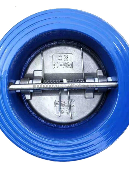 The image shows a dual plate check valve with two hinged flaps inside a cylindrical valve body. The flaps are shaped like semicircular disks and pivot horizontally on pins installed on each side of the valve body. When fluid flows through the valve in the forward direction, the flaps are pushed open allowing flow. When reverse flow occurs, the flaps swing shut under their own weight and seal against the valve seat, preventing backflow. This dual flap design provides a large flow area while also ensuring tight closure and minimal pressure drop. The dual flaps provide redundancy in case one flap becomes damaged. This type of check valve is effective at preventing reverse flow in piping systems.