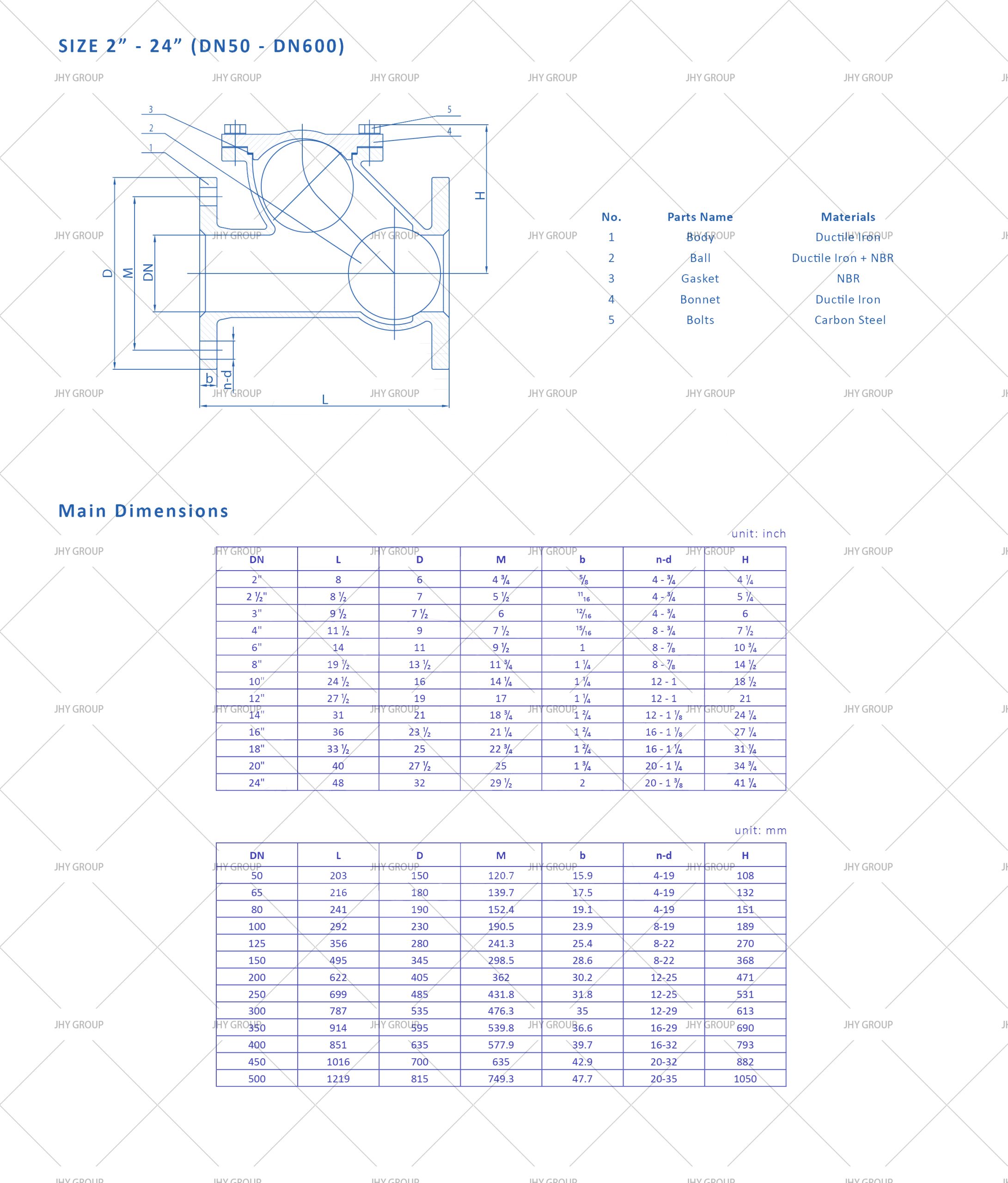 显示尺寸、材料和其他技术细节的球止回阀规格表的图像