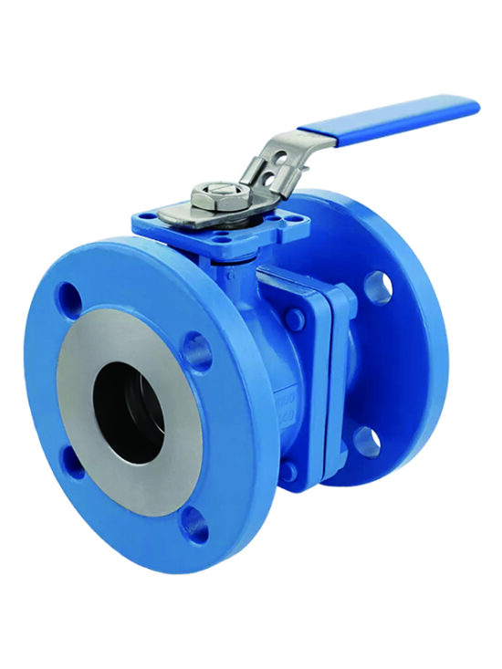 A close-up image of a flanged ball valve, a type of valve used in industries to control the flow of fluids or gases.