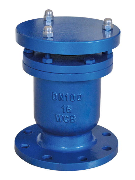 The image shows a cylindrical single orifice air release valve made of metal. It has a small opening at the top. This air valve is installed in pipeline systems to automatically release accumulated air from the top of the pipeline. When pressure builds up in the pipeline, the valve opens to vent the air. This prevents air locking in the pipes and reduces water hammer effects. The small orifice on top is designed to precisely control the release of air.