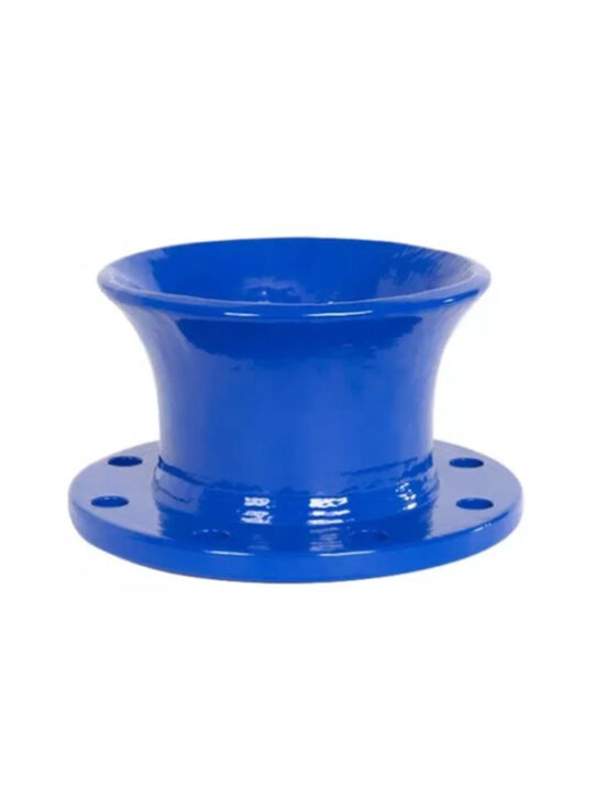 The image shows a ductile iron bell mouth flow conditioner installed in a pipeline.