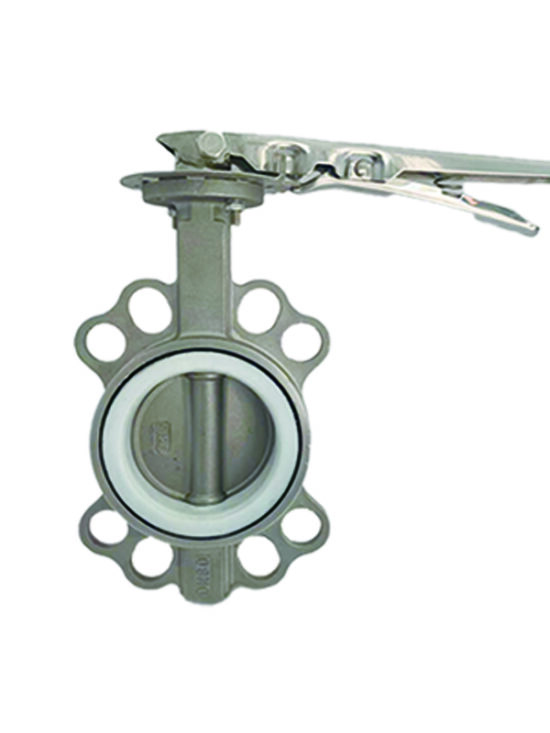 An image of a wafer butterfly valve made of stainless steel 316 with a PTFE seat.