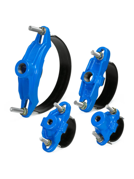 This image depicts a durable and reliable Saddle Clamp for DI Pipe. This high-quality product photography showcases the intricacies of the clamp, which is designed with multiple bolt holes and fastening devices for secure installation and structural stability on ductile iron pipes.