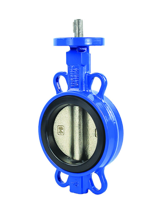 A 4 inch butterfly valve with a bright blue body. The valve features a circular design with four mounting lugs, a visible metal disc inside, and a stem protruding from the top.