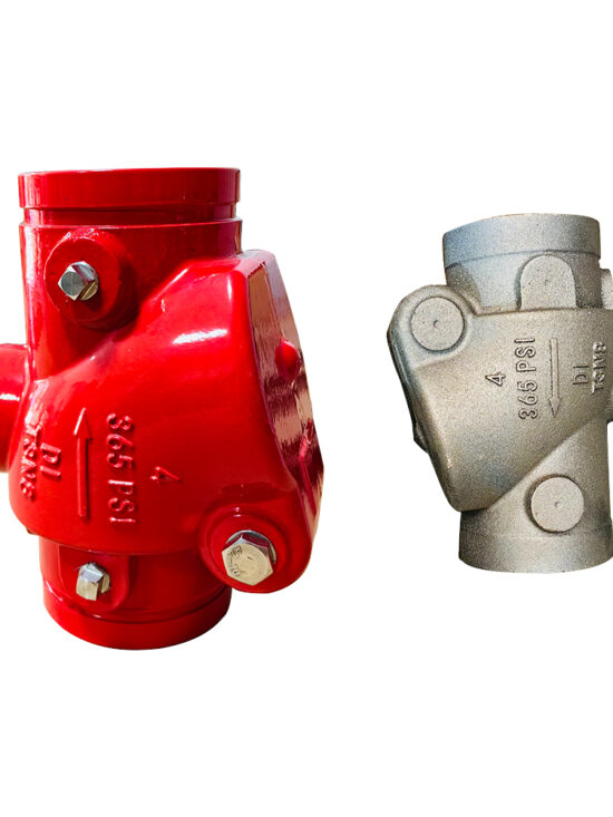 Grooved swing check valve with red epoxy finish and grooved ends for easy installation