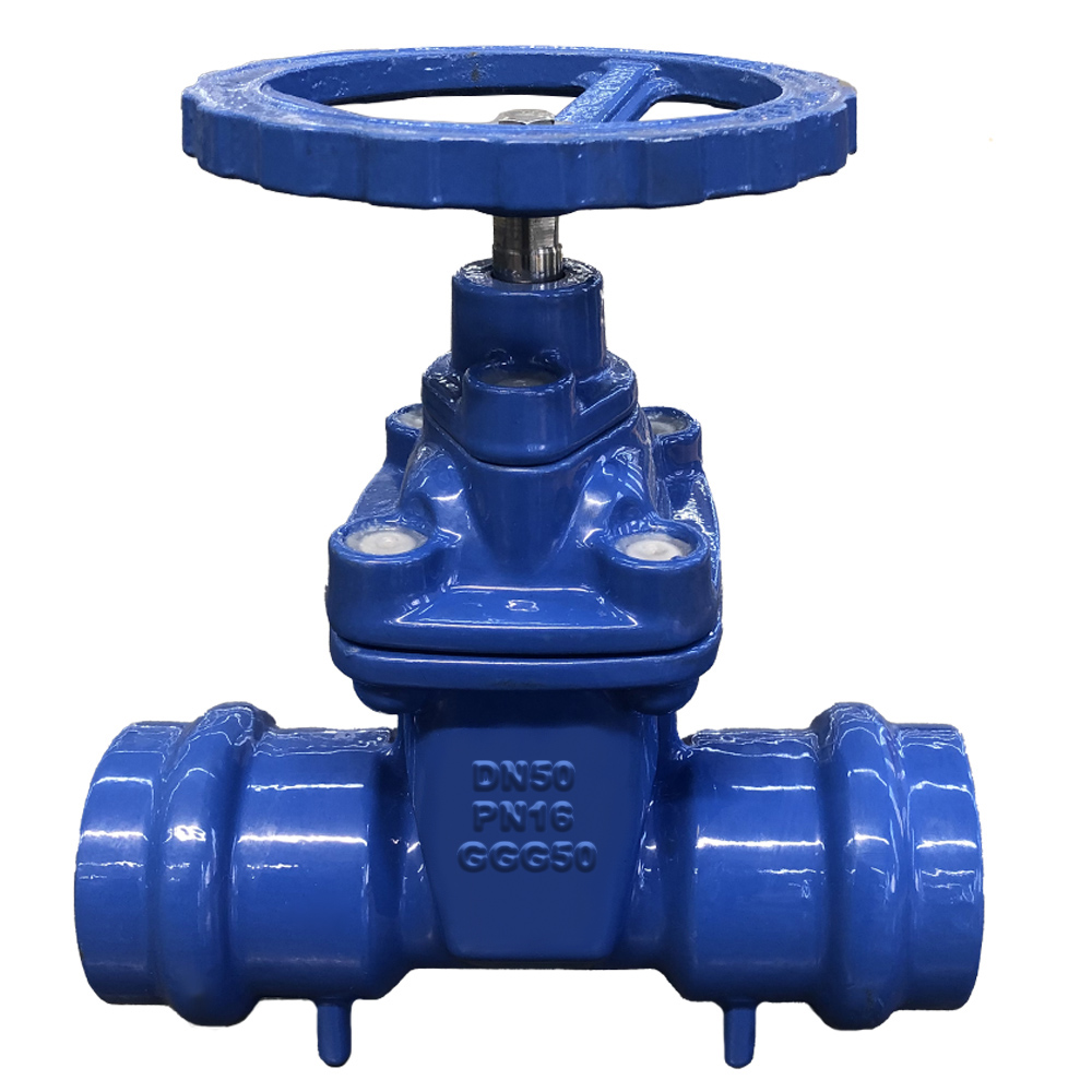Close up product photo of a socket ends gate valve designed for use with DI (ductile iron) pipe systems.