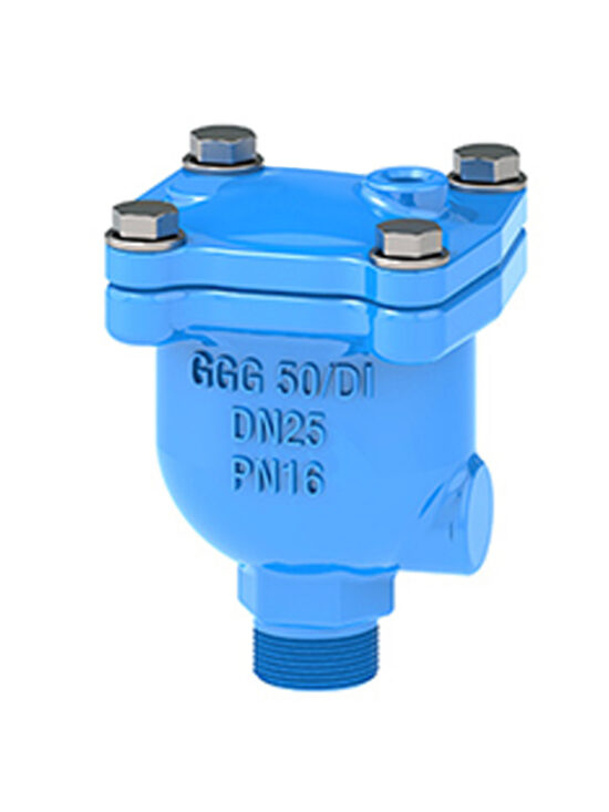 Blue air release valve for water systems made of ductile iron, featuring GGG50/DI material, DN25 size, and PN16 pressure rating.