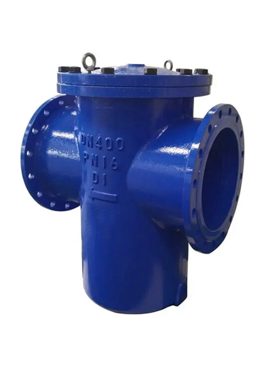 Blue industrial basket strainer with flanged connections used for filtering debris in piping systems.