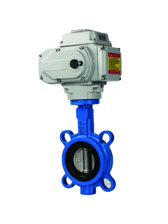 Wafer butterfly valve with cast iron body for flow control in piping systems.