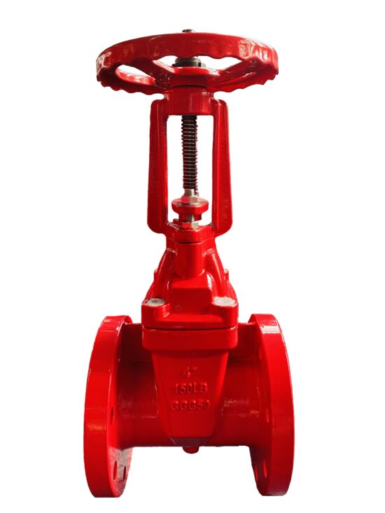 Red fire hydrant gate valve with a circular handwheel on top. The valve body is bright red and features a flanged connection at the bottom. The valve stem and internal components are visible through the open design of the upper portion.