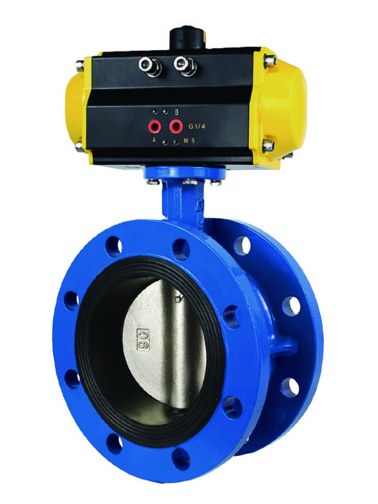 Flanged butterfly valve with a blue body and a yellow and black pneumatic actuator. The valve features a metal disc visible inside the blue flanged body. The actuator mounted on top has connection ports and control indicators, demonstrating an automated valve system for industrial applications.