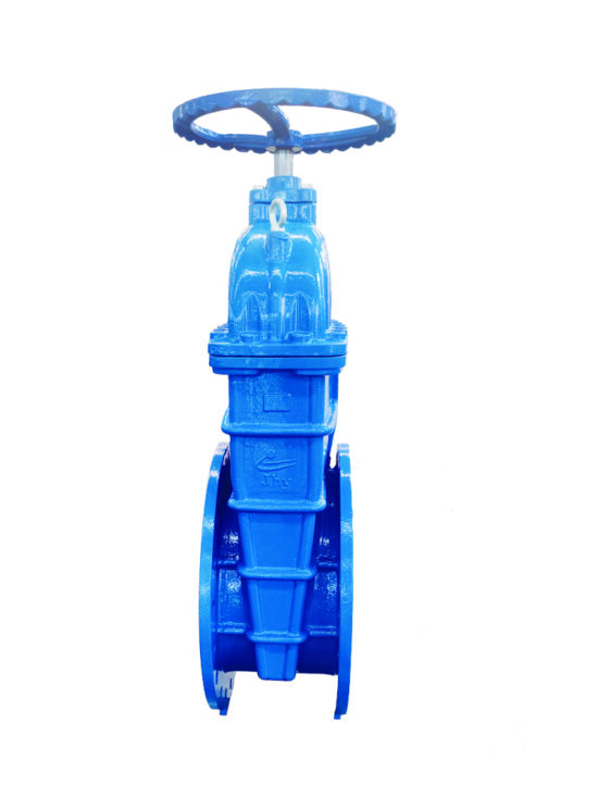 Wedge gate valve with a vibrant blue body and a circular handwheel at the top. The valve features a wedge-shaped disc that is visible through the body, indicating it is a wedge gate valve design. The sturdy valve construction and bright coloring suggest it is a high-quality industrial component.