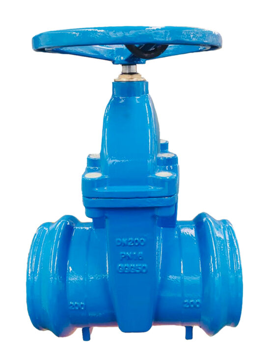 A bright blue HDPE gate valve with a large circular handwheel on top. The valve body features a cylindrical shape with flanged ends for pipe connection. The valve is designed for use in high-density polyethylene (HDPE) piping systems, likely for water or wastewater applications.