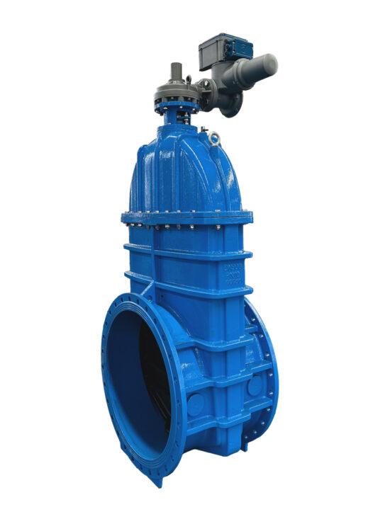 ISO 5210 electric actuated gate valve: Large blue flanged valve body with a gray and blue electric actuator mounted on top. The valve features a robust construction with visible bolts and a wide opening. The actuator system indicates automated control capability for industrial or water management applications.
