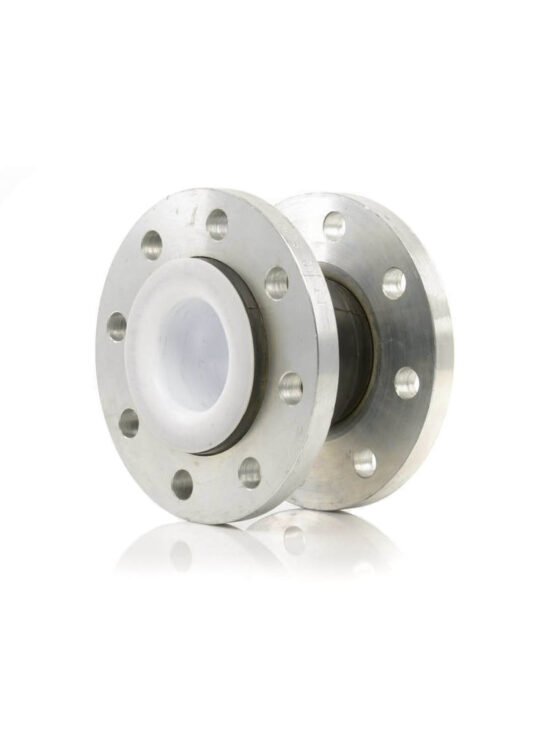 Flexible expansion joint made of stainless steel with PTFE lining, designed for durability and resistance to chemicals and thermal expansion.