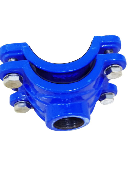 Blue PVC saddle clamp with multiple bolts for securing pipes. The clamp has a curved shape to wrap around a pipe, with threaded holes for bolts to tighten it in place. The bright blue color indicates it's made of PVC plastic material.