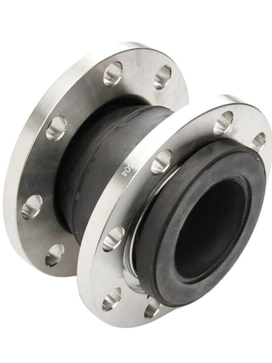 Rubber expansion joint featuring a flexible rubber body and stainless steel flanges, designed for absorbing vibration and compensating for pipeline movement.