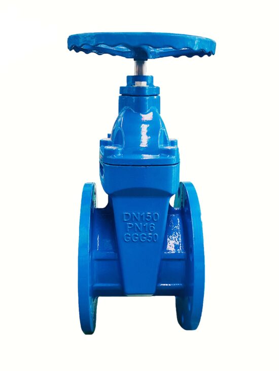 Detailed cross-section diagram of a slide sluice gate valve. The image shows various labeled components including the valve body, stem, wedge, seating surfaces, and flanges. The diagram illustrates the internal structure and key features of the gate valve, highlighting its robust construction and innovative design elements.