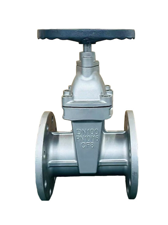 Stainless steel gate valve DN100 PN10/16 CF8, featuring a robust design with a rising stem and flanged connections, ideal for controlling fluid flow in industrial applications