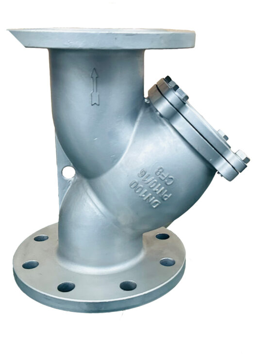 Stainless steel Y strainer with flanged connections. The Y-shaped device has a cylindrical body with an angled branch for debris collection. It features circular flanges on both ends and the branch for pipeline installation. An arrow is embossed on the body indicating flow direction.