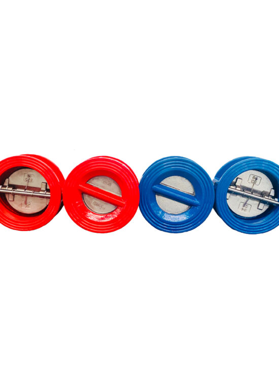 Four dual plate wafer check valves lined up horizontally, alternating in red and blue colors. Each valve shows the circular disc and central hinge mechanism visible through the open valve body.